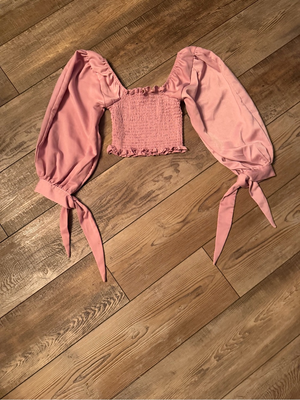 HYFVE Pink Smocked Puff-Sleeve Tie-Cuff Crop Top